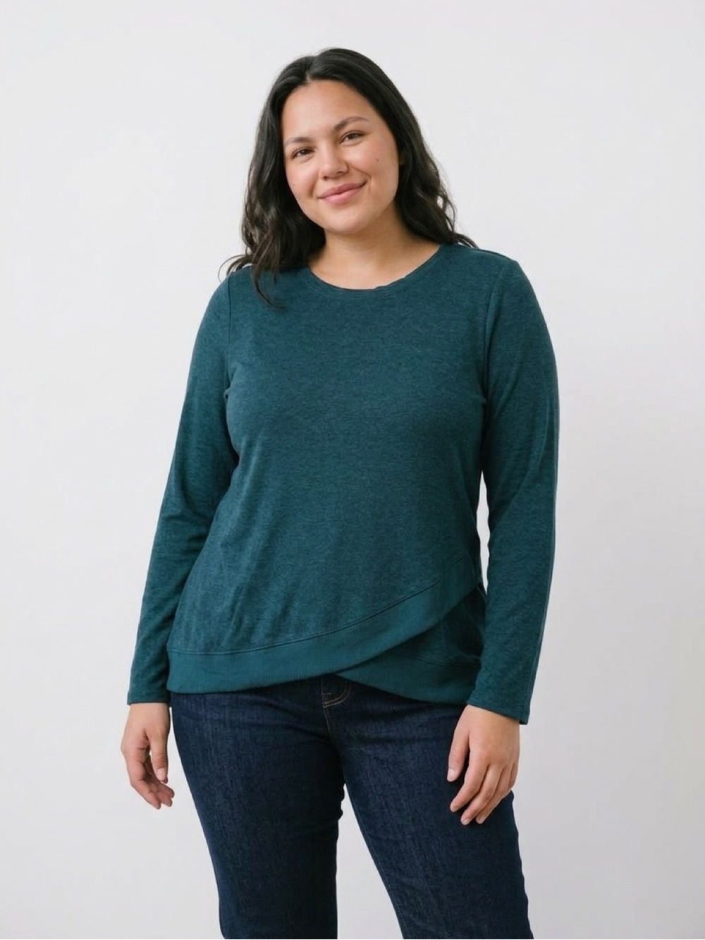 bobeau Dark Teal Long-Sleeve Crossover Hem Top
